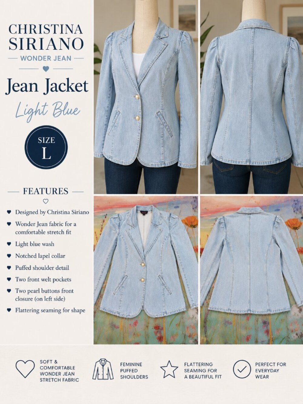 💙🤍 Christina Siriano Wonder Puff Jean Jacket – Light Blue – Size L 🤍💙